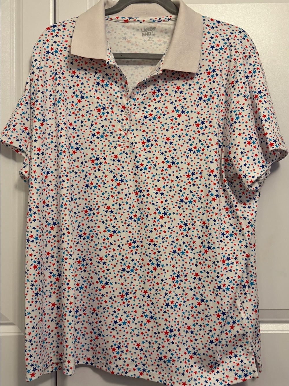 Lands' End Ladies White Polo with Red & Blue Star Print